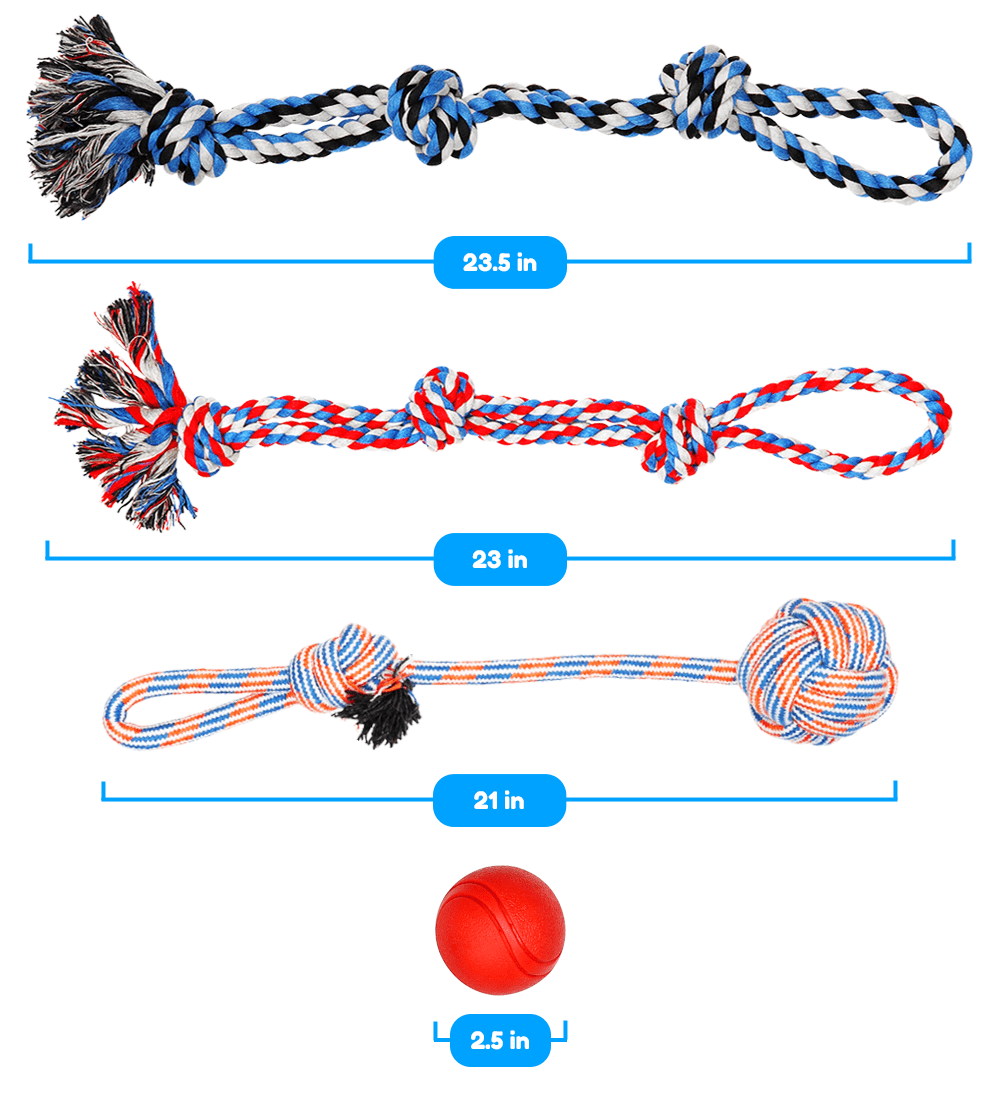 Pacific Pups Products 4 Pack XL Stress Relieving Rope Dog Toys and Dog Ball， Perfect for Large Breed Dogs