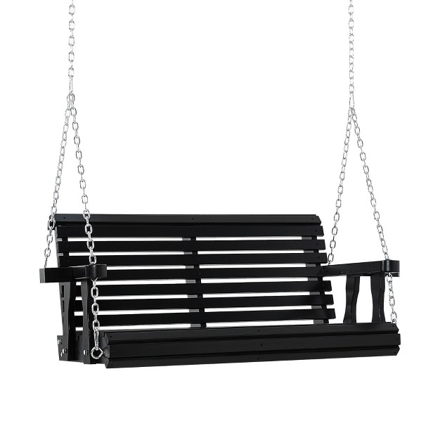 2 person Porch Swing Wooden Patio Swing Bench With Cup Holders Slatted Design amp Chains Included 440lb Weight Capacity