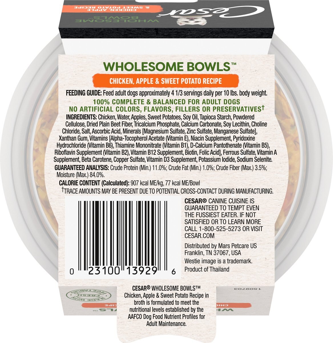 Cesar Wholesome Bowls Chicken， Apple and Sweet Potato Recipe Adult Soft Wet Dog Food， 3-oz Bowl， Case of 10