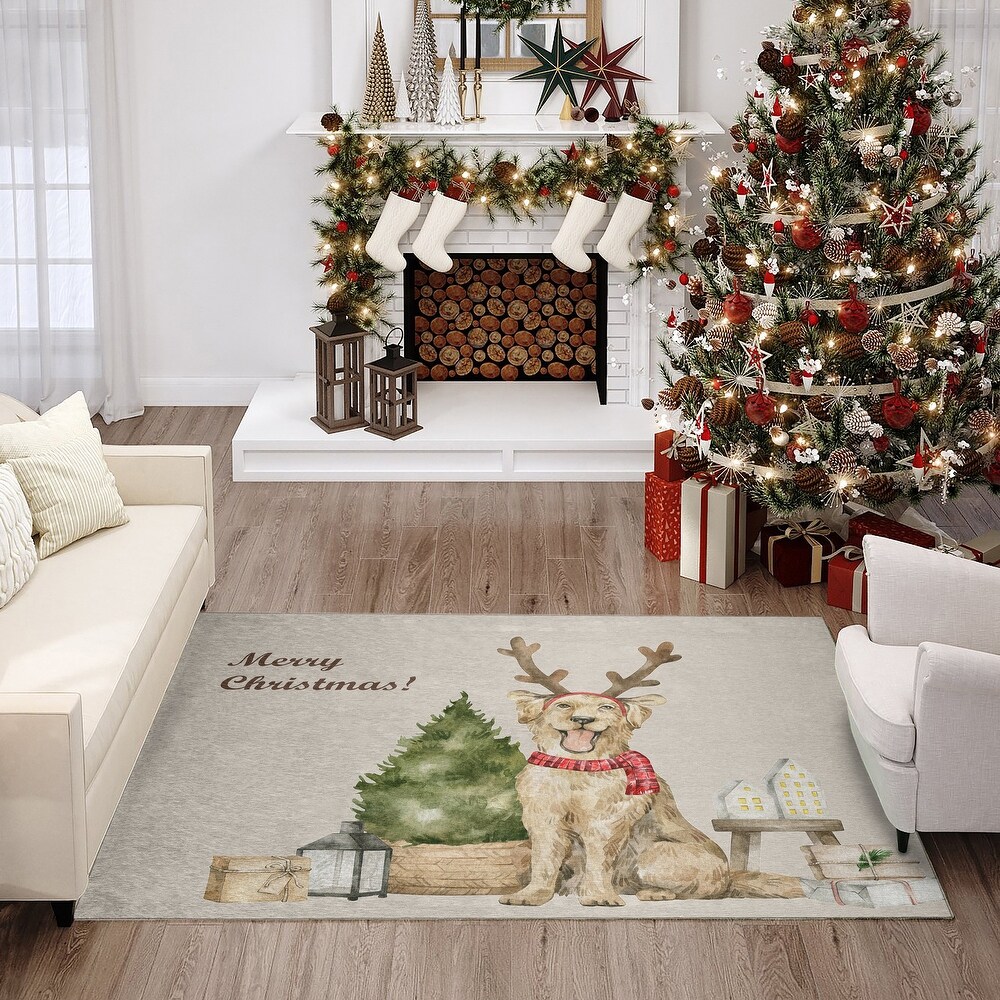 Indoor/ Outdoor Cozy Winter Taupe Washable Christmas Dog Rug