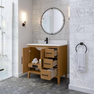 ART BATHE Vienna 36 in. W x 22 in. D Bath Vanity in White Oak Diamond Quartz Top with White Sink Power Bar and Drawer Organizer VA36WO