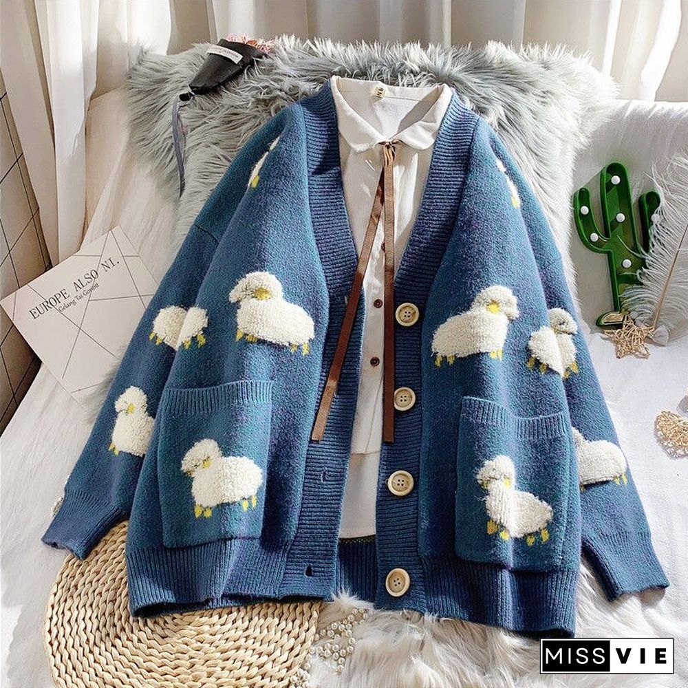 Kawaii Sheep Print Oversize Sweater Cardigan Women Cute Blue Korean Style V-Neck Long Sleeve Jumper Loose Pink Coat