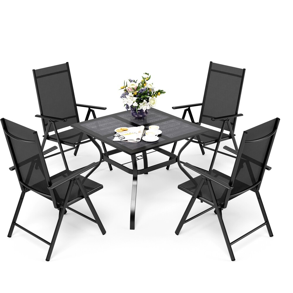 PHI VILLA 5 Piece Square Steel Table   Textilene Reclining Folding Sling Chair Patio Dining Sets