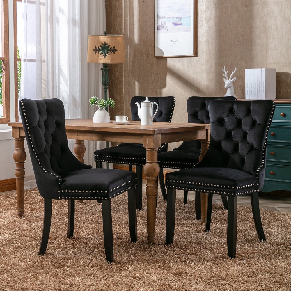 2 Piece Luxury Tufted Velvet Dining Chairs with Wood Legs   Nailhead Trim