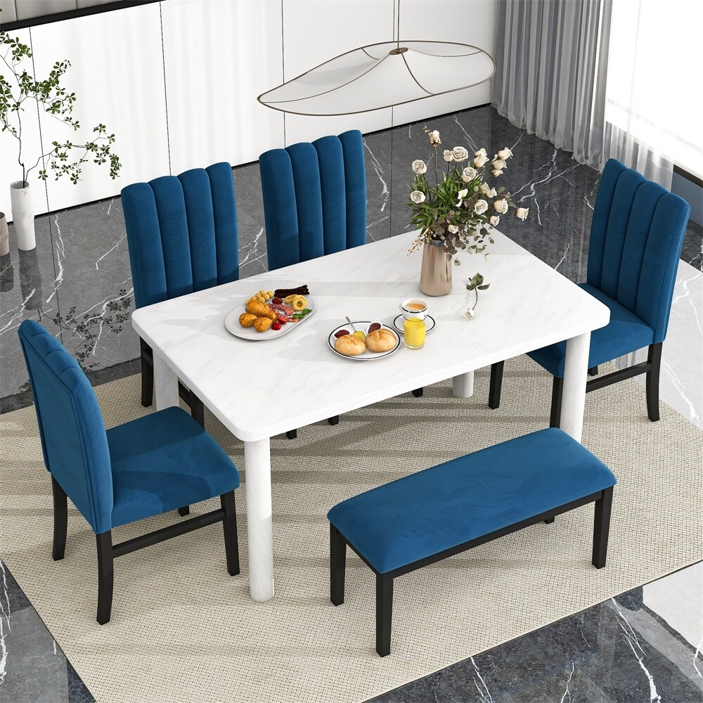 6 Piece Dining Table Set with Marble Veneer Table 4 Chairs and 1 Bench