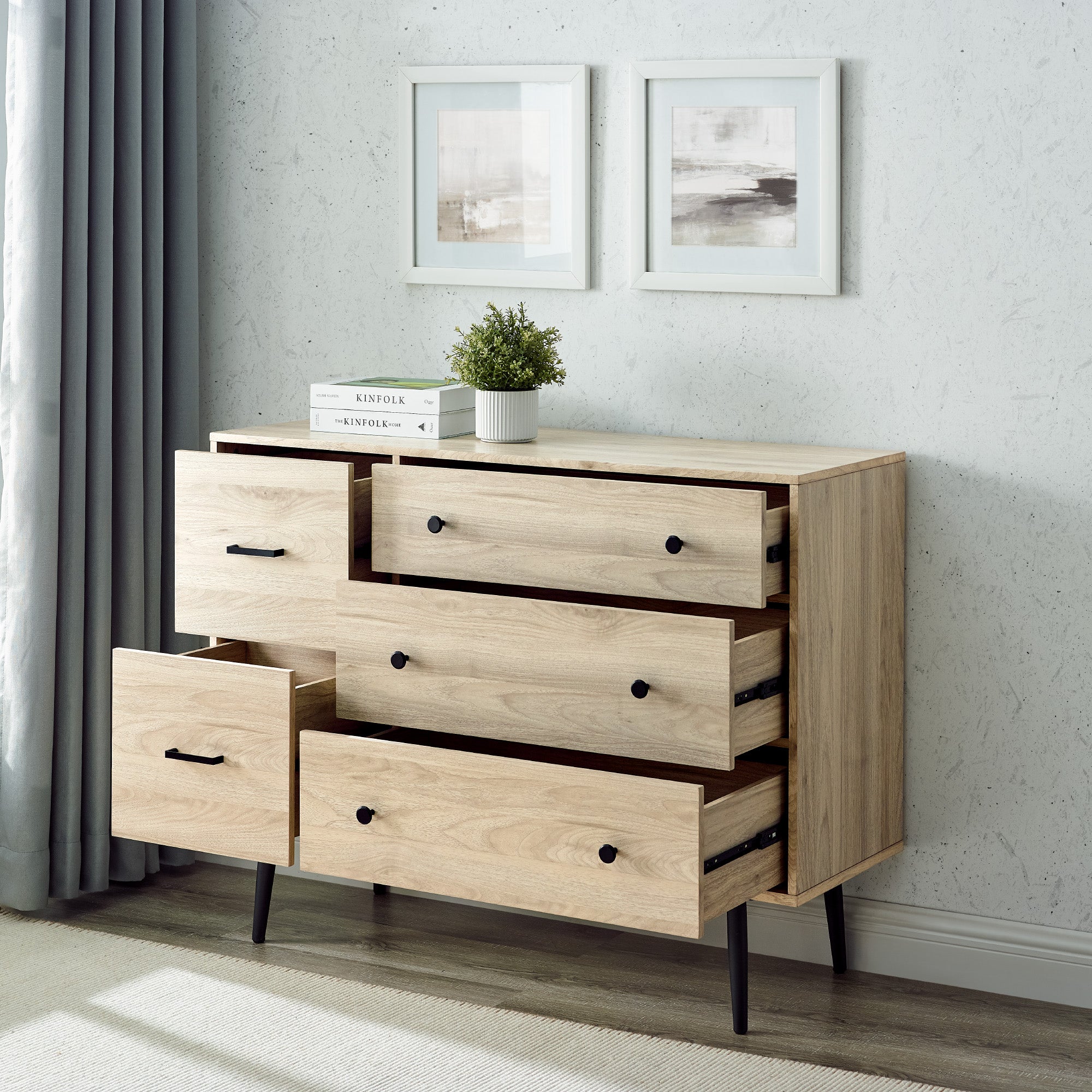 Manor Park Modern Asymmetric 5 Drawer Wood Dresser, Birch