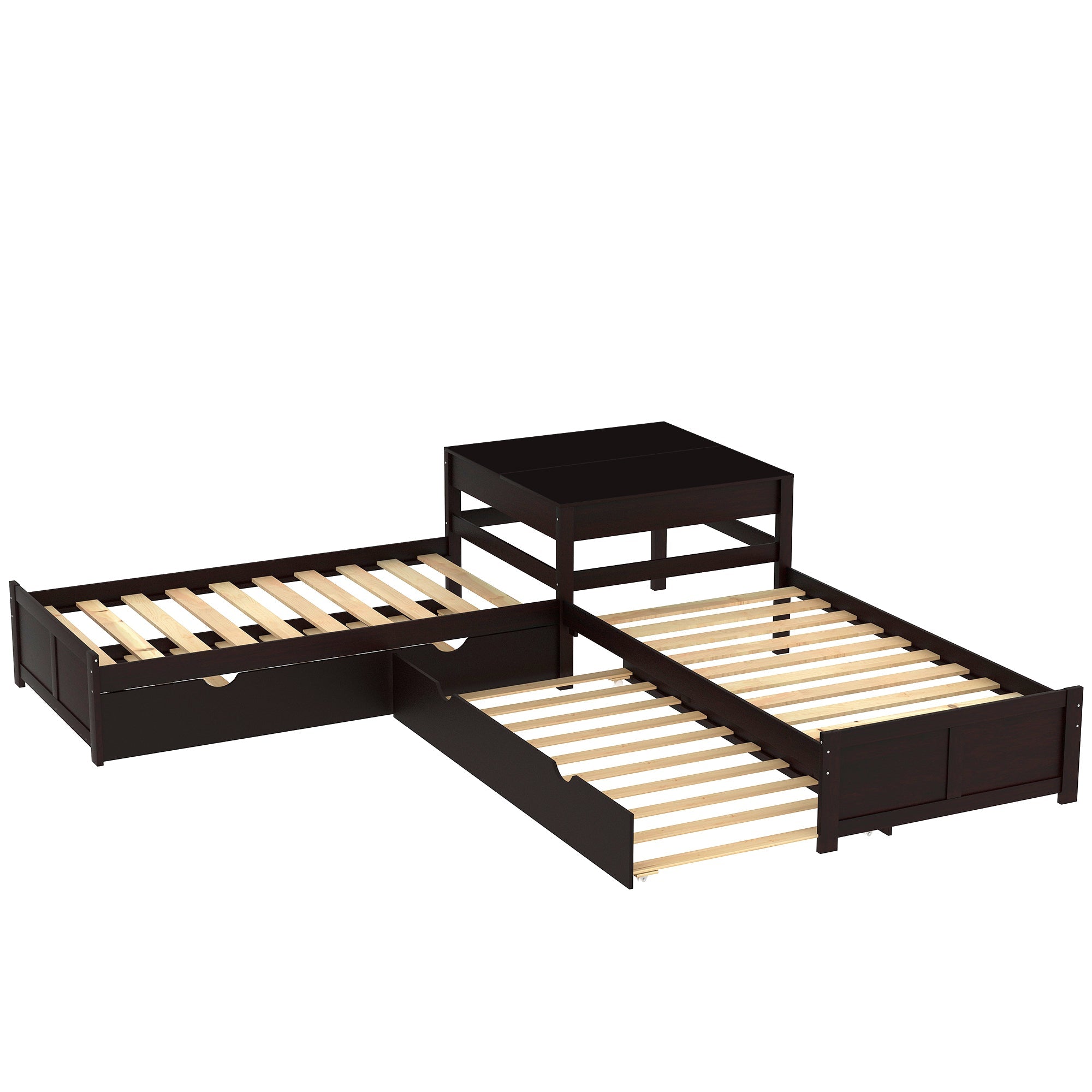 Euroco Twin L-Shaped Platform Bed with Square Table for Kids Bedroom, Espresso