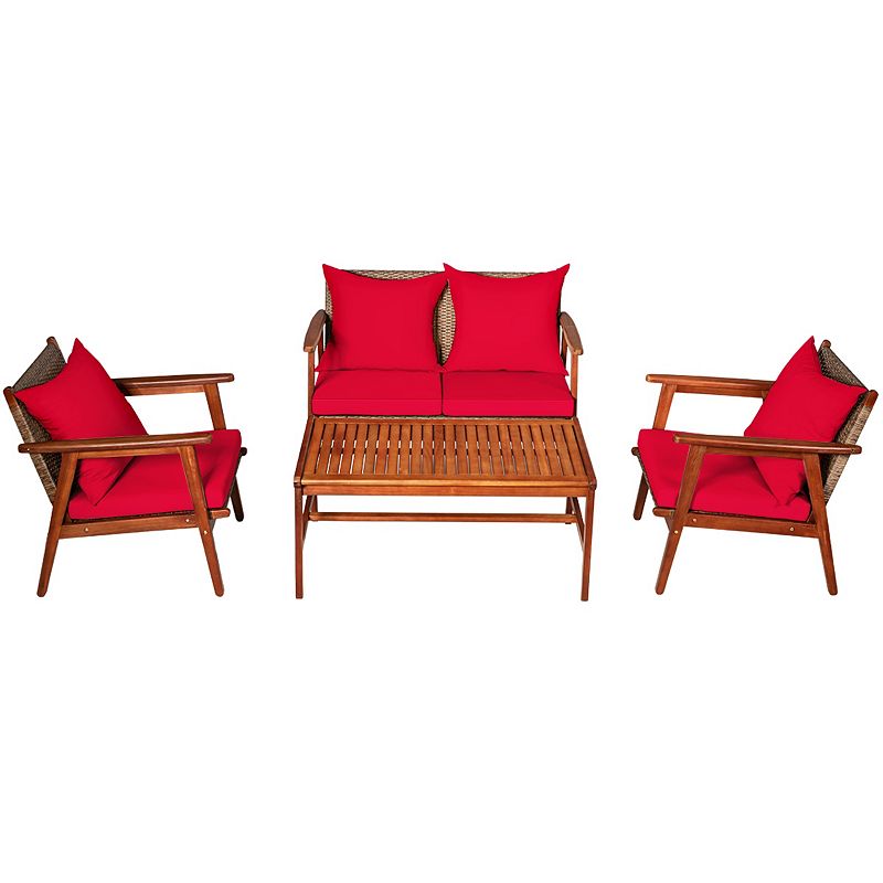 4 Piece  Acacia Wood Patio Rattan Furniture Set