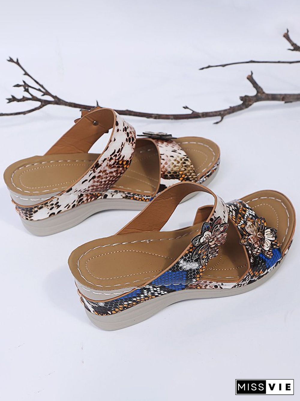 3D Floral Snake Print Wedge Sandals Slippers