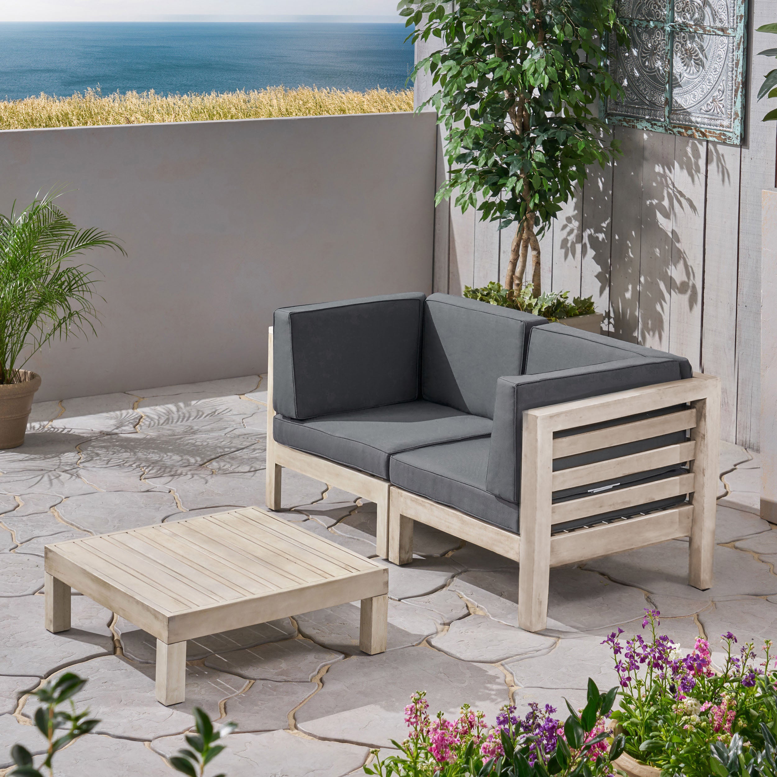 Dawson Outdoor Sectional Love Seat Set with Coffee Table - 3-Piece 2-Seater - Acacia Wood - Outdoor Cushions