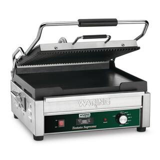 Waring Commercial Dual Panini Grill Ribbed Top Plate Flat Bottom Plate with Timer Silver 120-Volt 14.5 in. x 11 in. Cooking Surface WDG250T