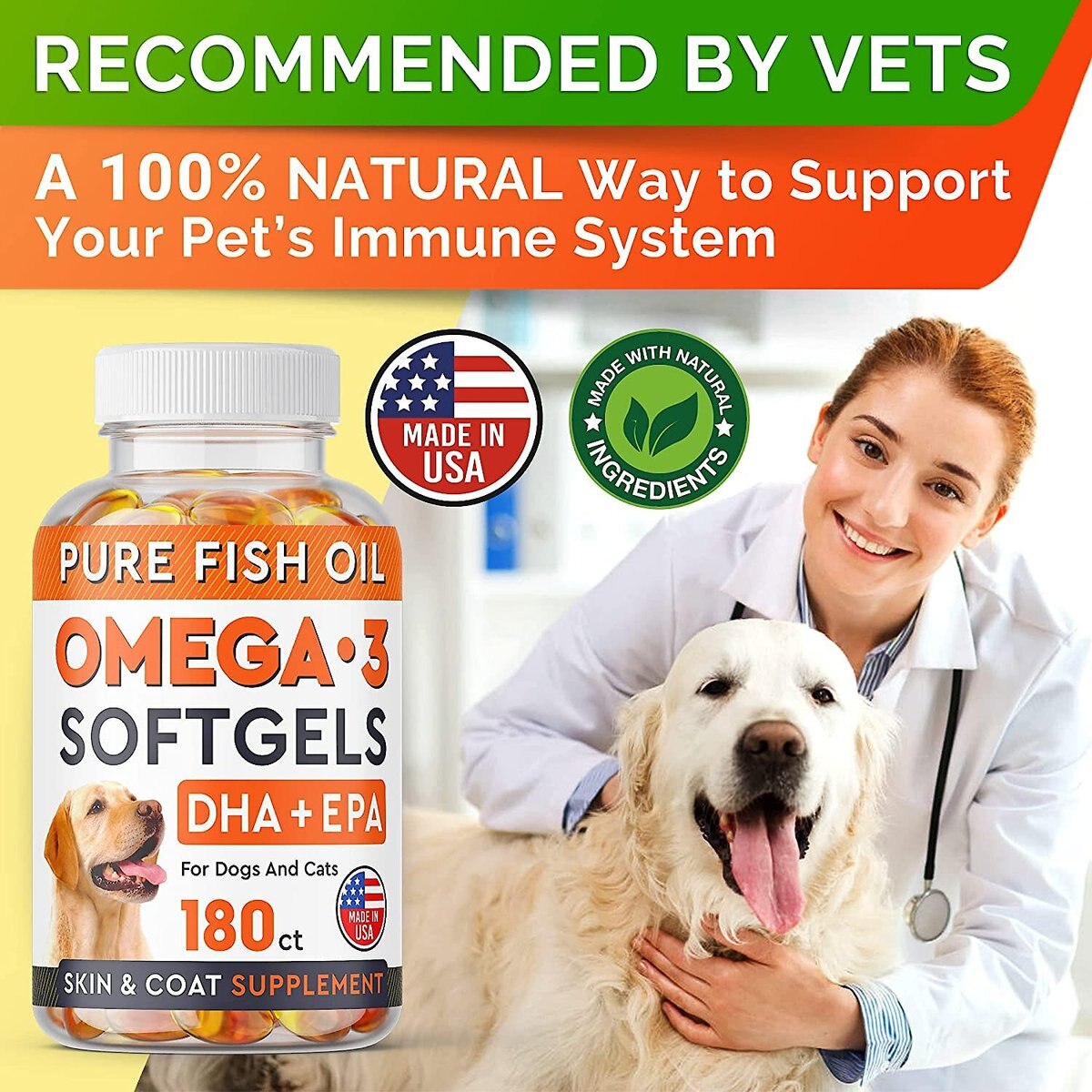 StrellaLab DHA + EPA Omega-3 Fish Oil Softgels Dog Skin and Coat Supplement， 180 count