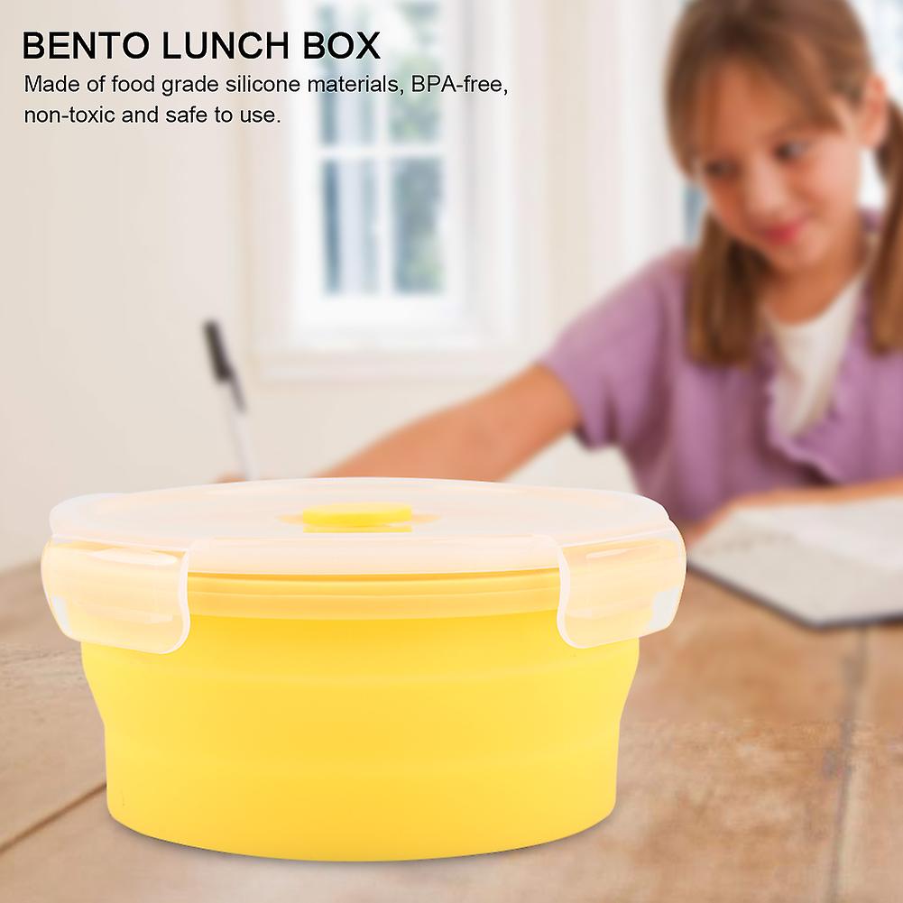 500ml Round Silicone Bento Box Collapsible Lunch Box Microwave Food Container (yellow)