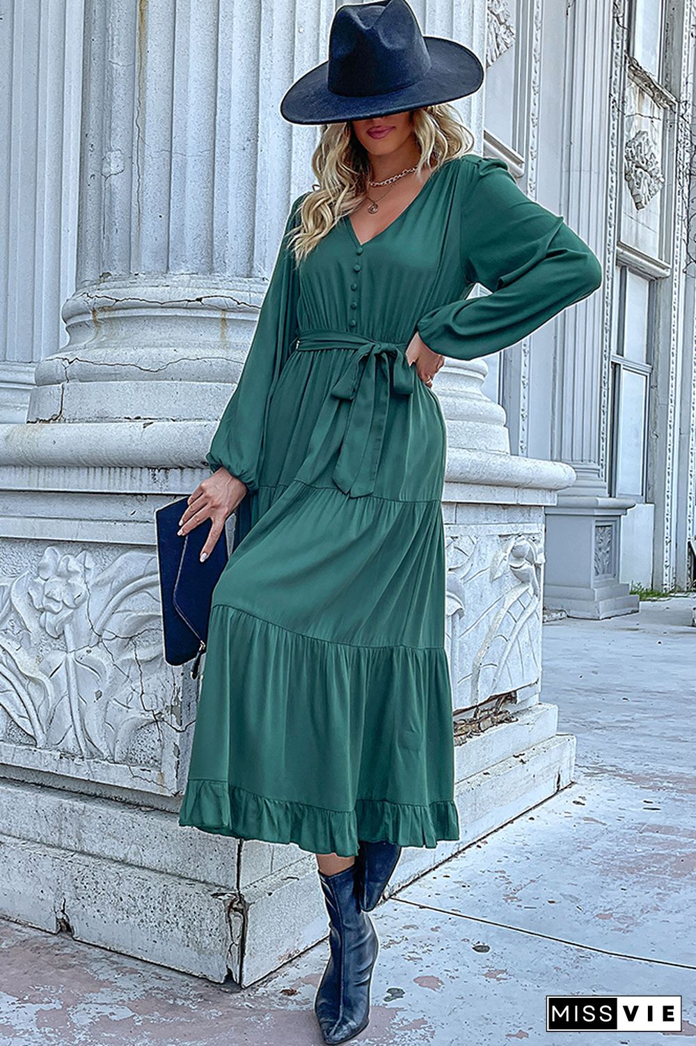 Turquoise V Neck Button Down Tiered Maxi Dress