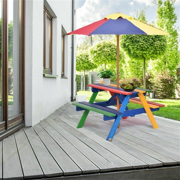 4-Seat Outdoor Kids Picnic Table Bench Set with Removable Umbrella - Overstock - 37612627