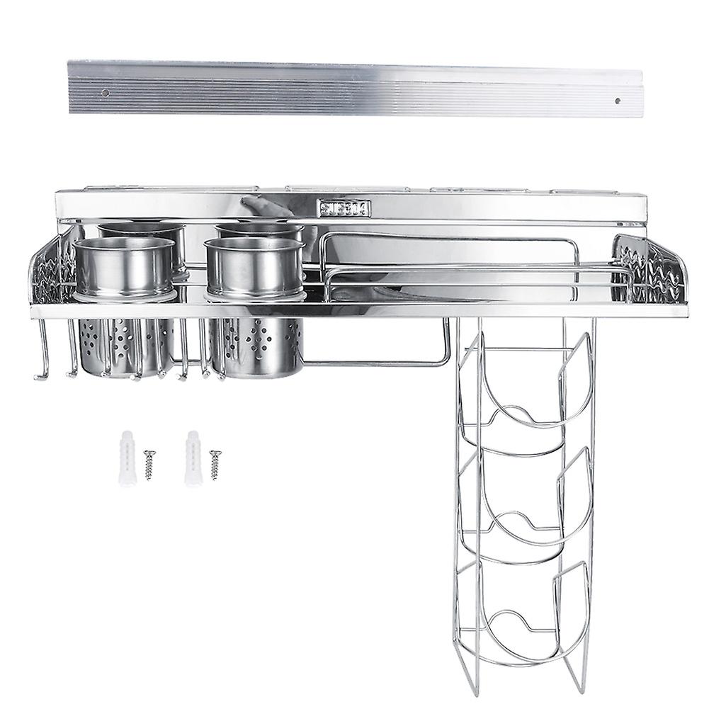 304 Stainless Steel Wall-Mounted Kitchen Multi-Functional Storage Rack Shelf with Hanging Basket and Cups