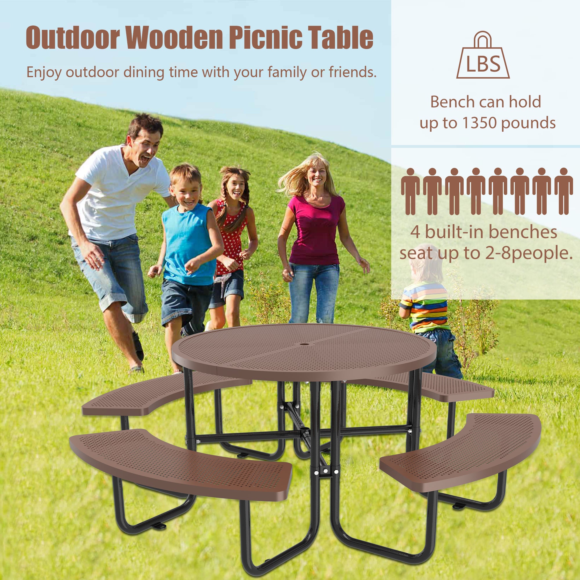 LZBEITEM 46'' Steel Round Picnic Table for Outdoors， Expanded， Lifetime Metal Picnic Table with Umbrella Hole， Heavy Duty Sturdy Commercial Picnic Tables for Garden Courtyard BBQ， Brown