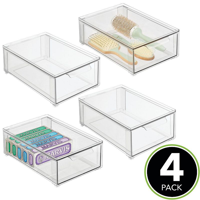 mDesign Clarity 8 x 12 x 4 Plastic Stackable Bathroom Storage Organizer with Drawer， 4 Pack