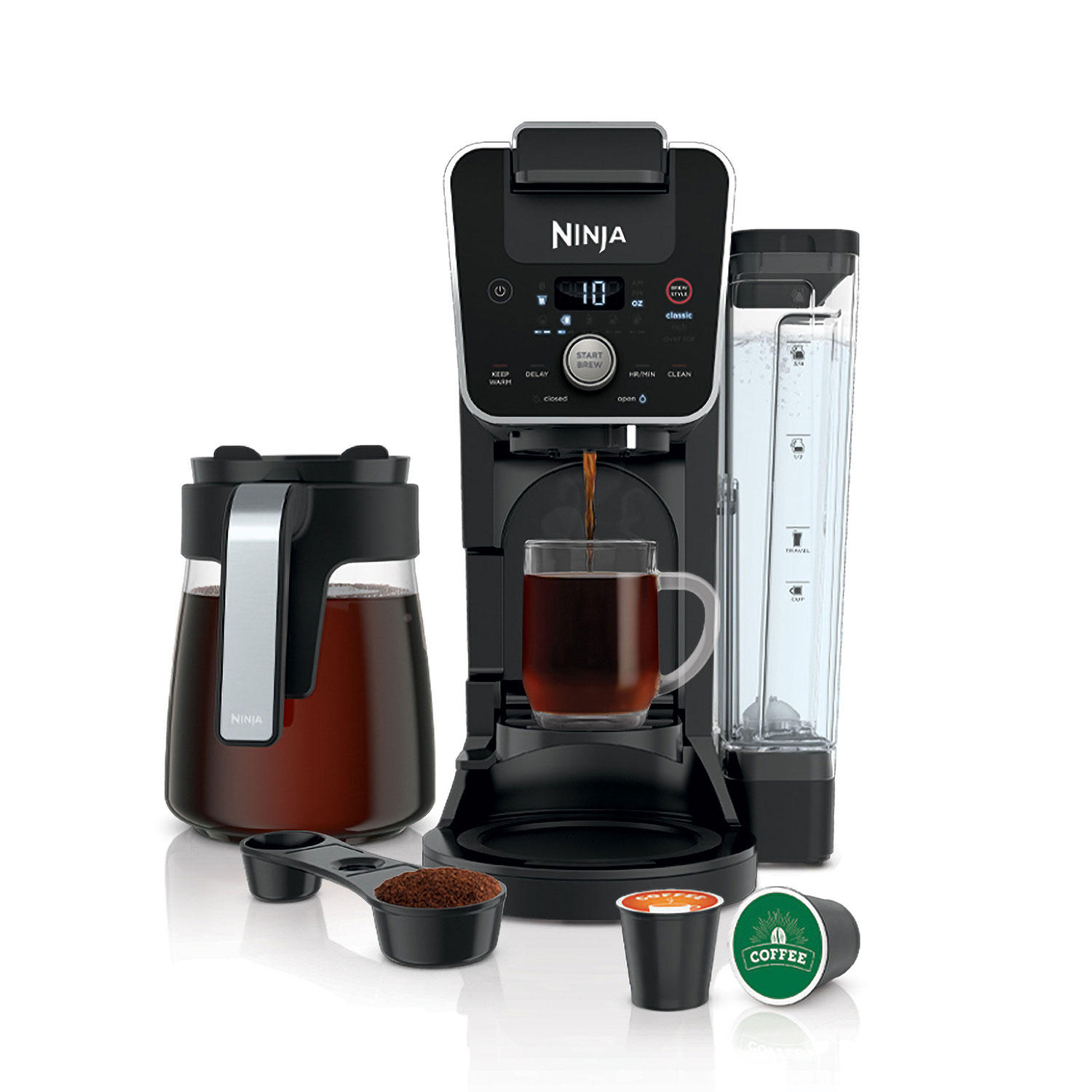 Ninja CFP201 DualBrew System 12-Cup Coffee Maker， Single-Serve for Grounds and K-Cup Pod Compatible， 3 Brew Styles， 60-oz. Water Reservoir and Carafe， Black