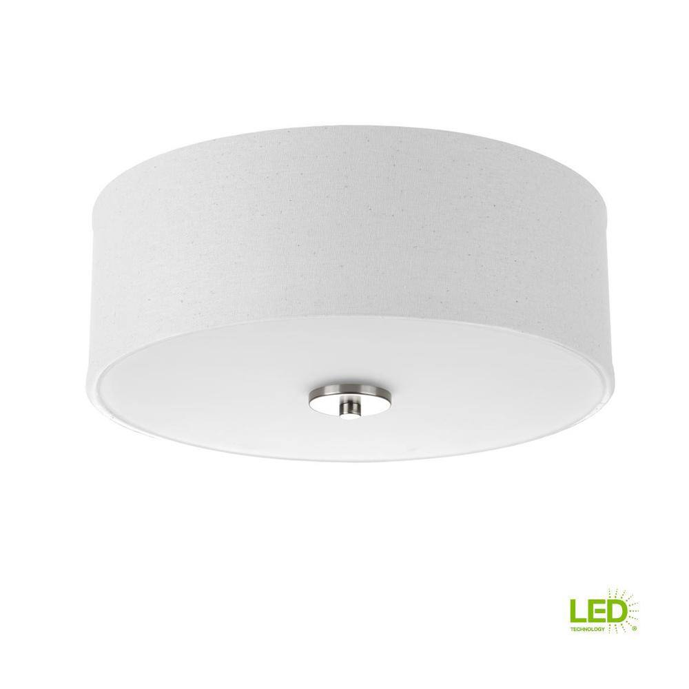 Progress Lighting Inspire Collection 13 in. Transitional Brushed Nickel LED Bedroom Drum Shade Ceiling Light with White Linen Shade P350126-009-30DI