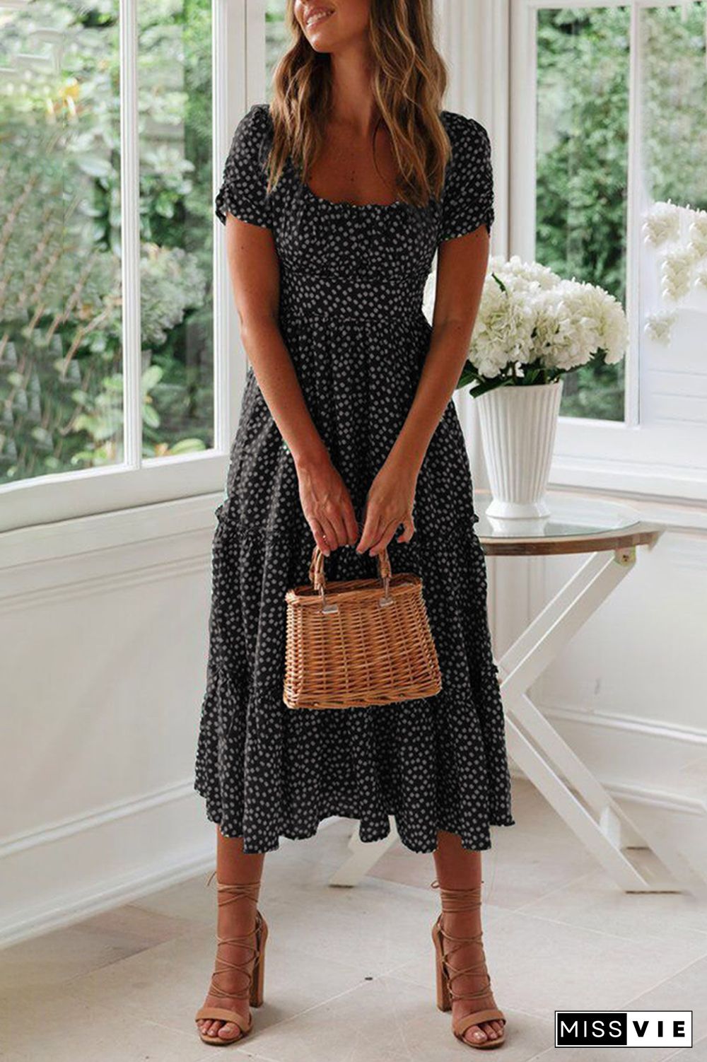 Casual Dot Square Collar Cake Skirt Dresses