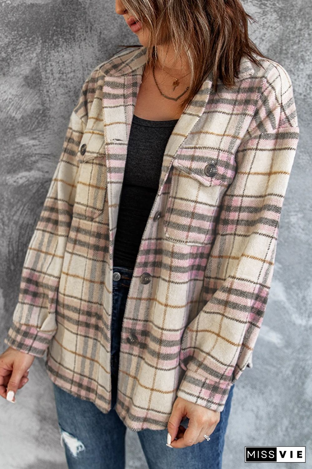 Pocketed Button-up Long Sleeve Plaid Jacket