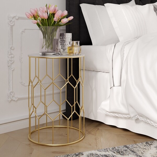 Adore Decor Harper Modern Glass and Metal Side Table， Gold Geometric Decorative Drum