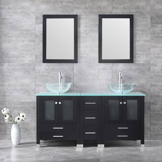 walsport 60 in. W x 21.5 in. D x 61 in. H Double Sinks Bath Vanity in Black with Glass Top and Mirror 2*USBR4181+USBR4182+2*USBR4075