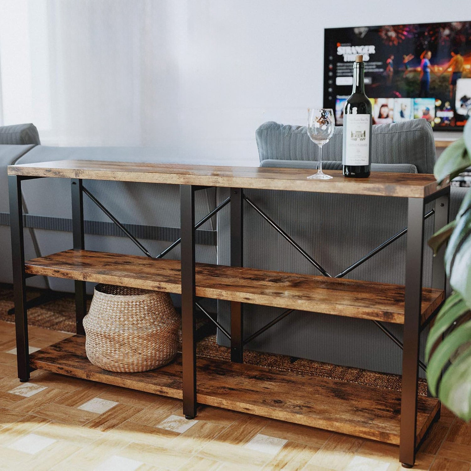 Entryway Console Table 55 in 3-Tier Hallway Table, TV Stand Entertainment Center Media Stand Industrial Style Vintage