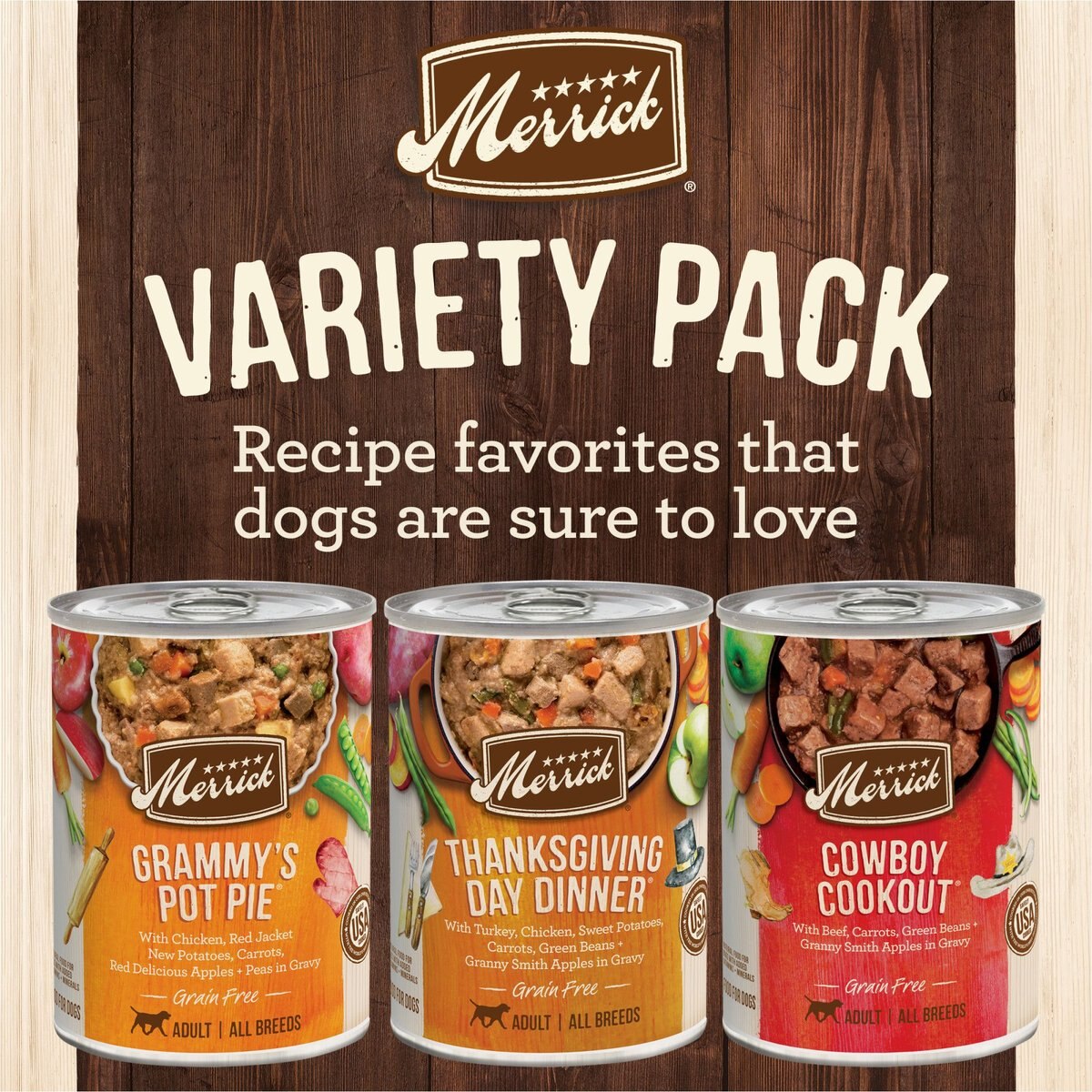 Merrick Favorites Recipes Variety Pack Grain-Free Wet Dog Food， 12.7-oz can， case of 12