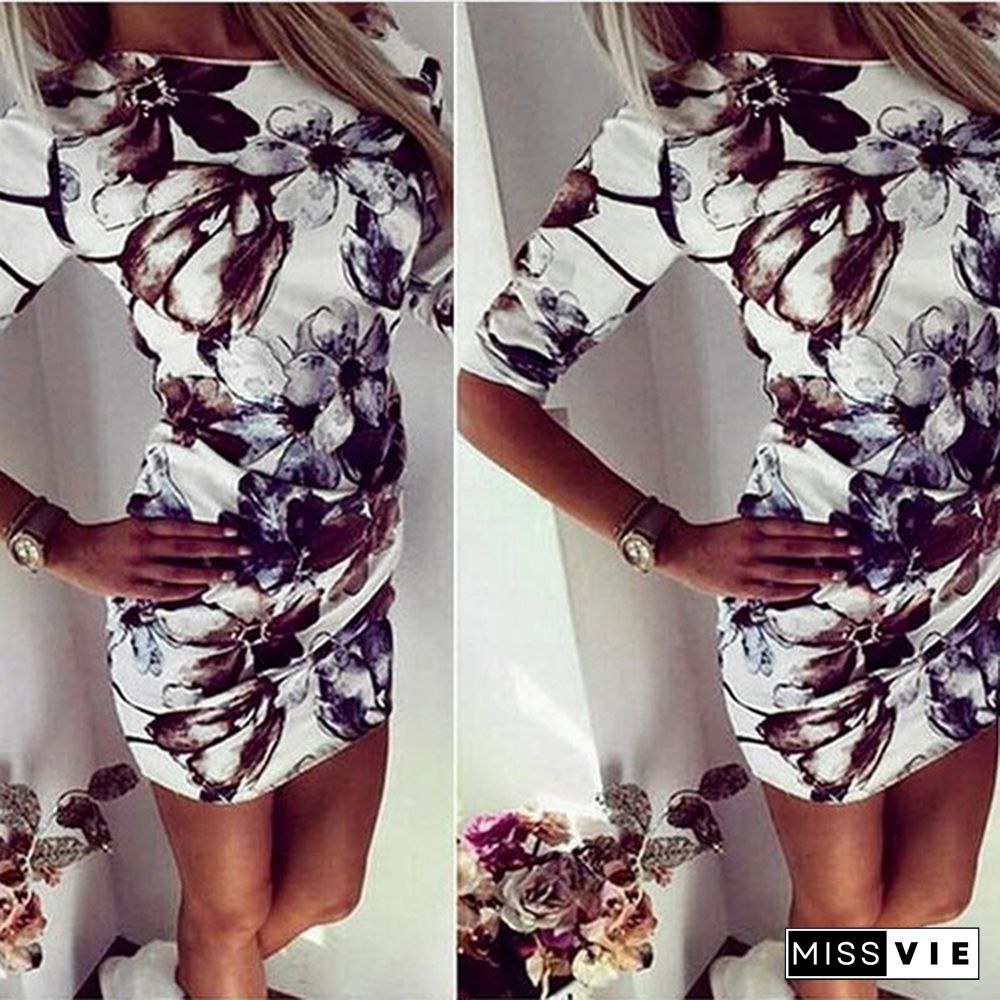 Women Long Sleeve Floral Print Mini Bodycon Dress Vestidos Summer Style Women Party Night Club Dress