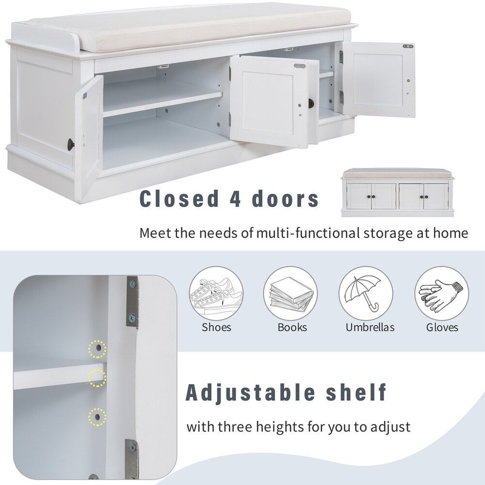 Storage Bench with 4 Doors   Adjustable Shelves Shoe Bench with Removable Cushion Entryway Bench for Living Room