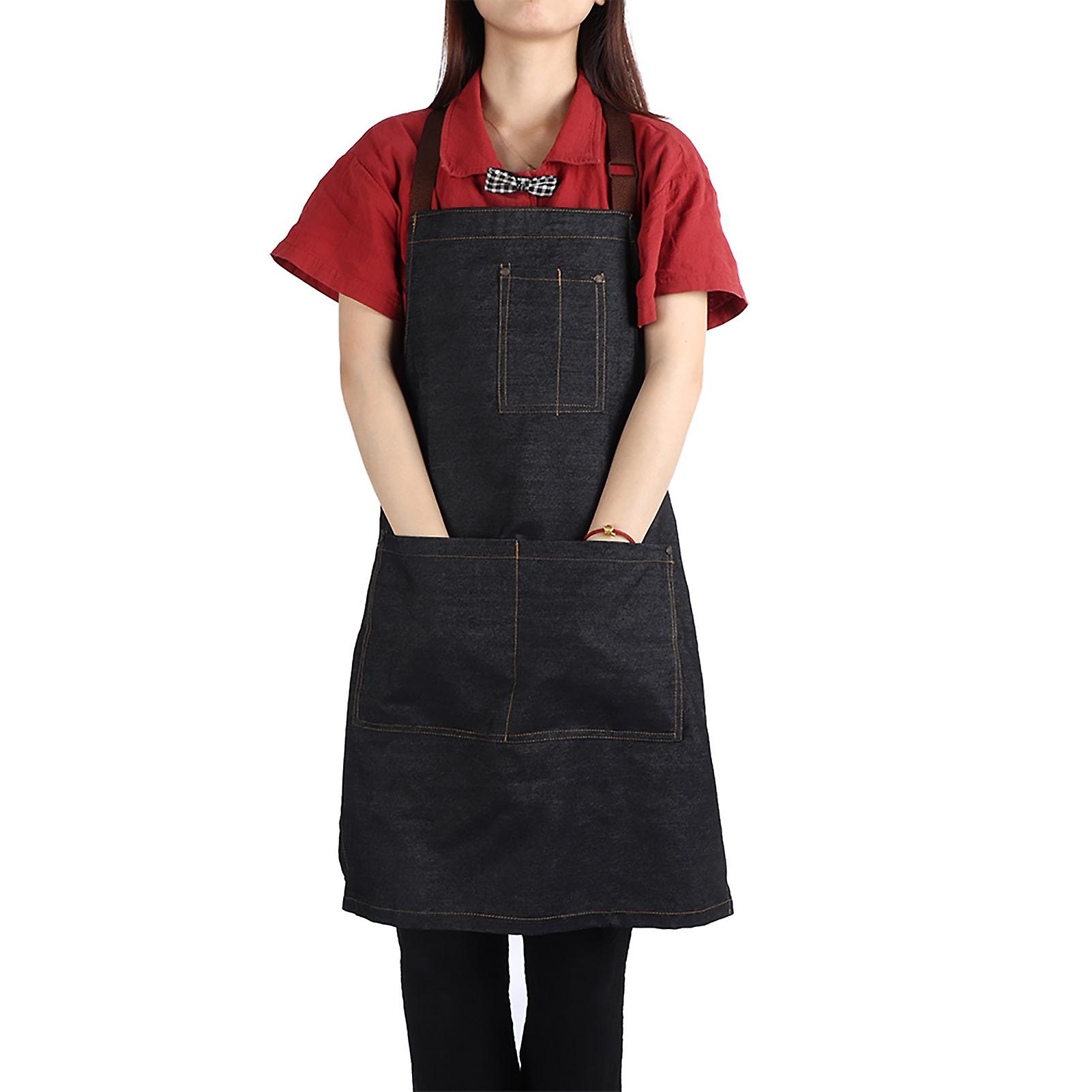 Unisex Denim Working Pockets Apron for Drawing Painting Restaurant Coffee Waiter (Black)