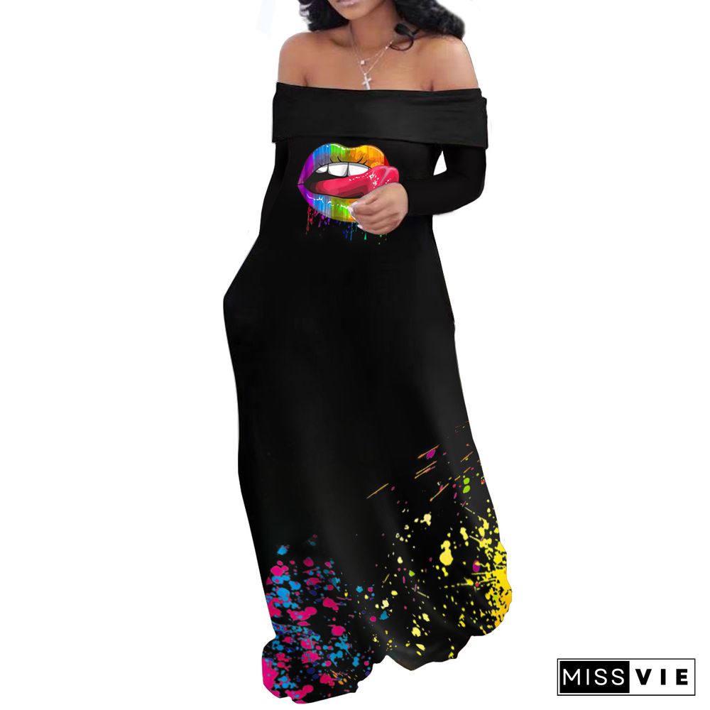 Rainbow Lip Print Off The Shoulder Slash Neck Maxi Dress