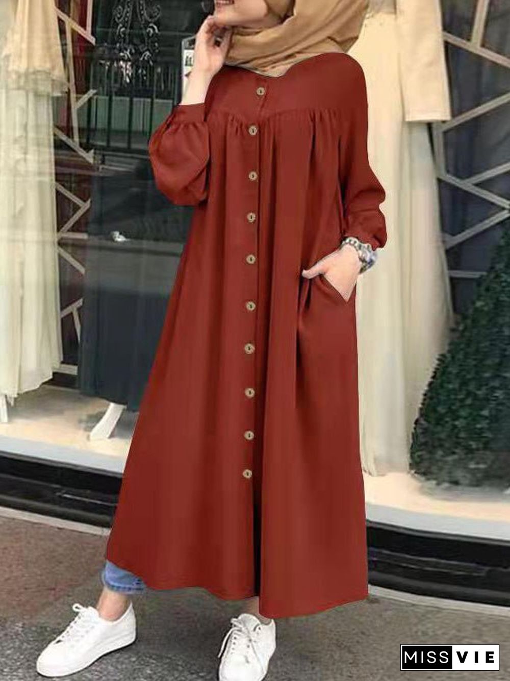 Women'S Dresses Solid Pocket Button Long Sleeve Shirt Dress