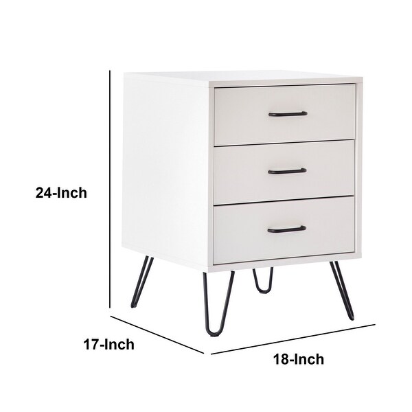 Harper 24 Inch Handcrafted Modern Wood Nightstand， 3 Drawers， Metal Hairpin Legs， White