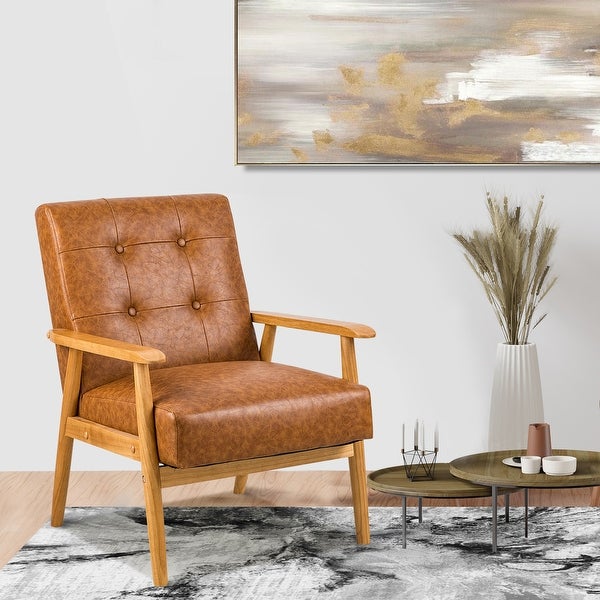 Brown Leather Accent Chair with Solid Wood Legs - Upholstered Lounge Arm Chairs