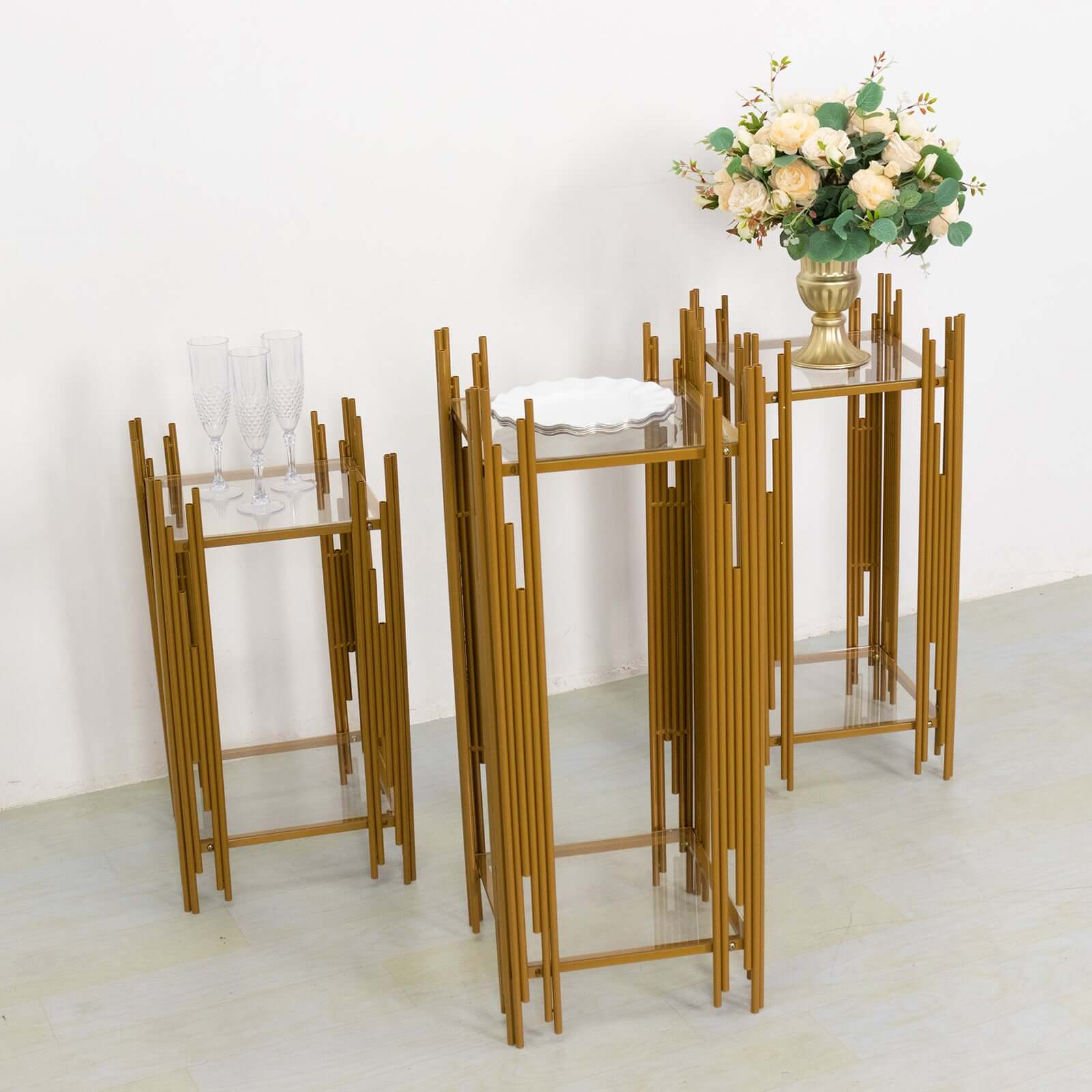 Set of 3 Gold Metal Plinths Flower Display Stands With Square Acrylic Plates, Wedding Cake Table Pedestal Stands - 26