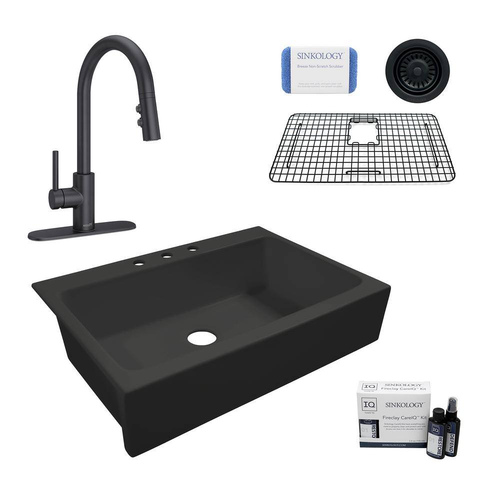 SINKOLOGY Josephine All-in-One Quick-Fit Matte Black Fireclay 33.85 in. 3-Hole Single Bowl Farmhouse Kitchen Sink and Faucet Kit SK450-34MB-SABD