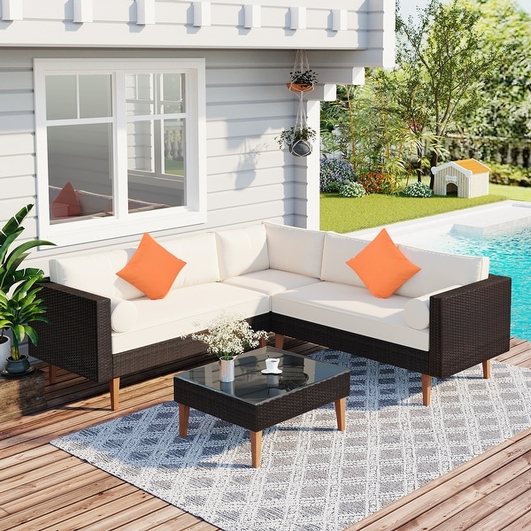 4pieces Outdoor Patio Wicker Sofa Set Lshape Sectional Sofa Couch Sets Furniture with Pillows and Coffee Table for Garden