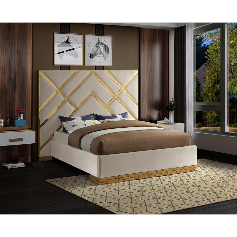 Meridian Furniture Vector Rich Velvet Queen Bed in Cream