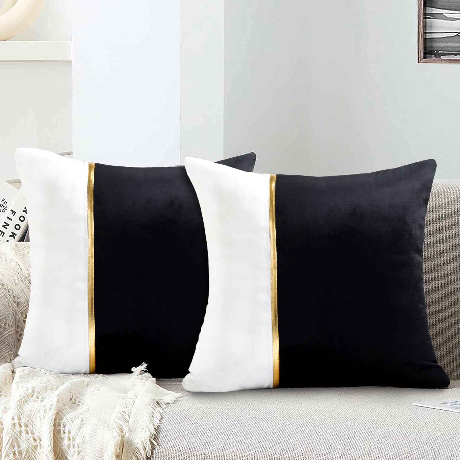 Black Patchwork Pillowcase Decorative Square Throw Pillow Covers Modern Luxury Covers 18x18 inch for Living Room Couch Bed Velvet 2 Pack