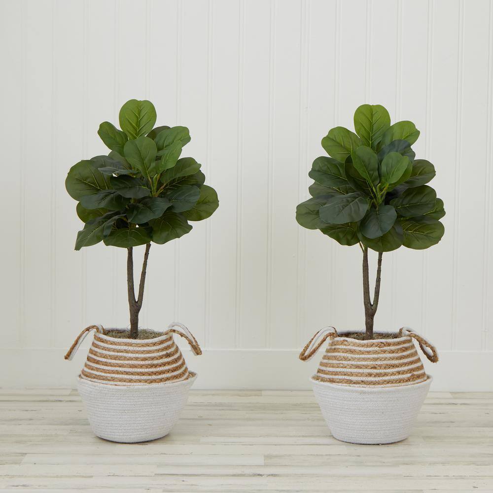 Nearly Natural 3 ft. Artificial Fiddle Leaf Fig Tree with Handmade Cotton and Jute Woven Planter DIY Kit (Set of 2) P1908-S2-CR