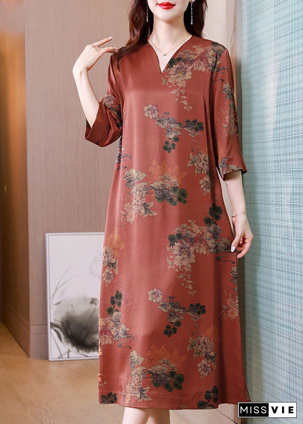 Casual Red V Neck Print Side Open Silk Long Dress Half Sleeve