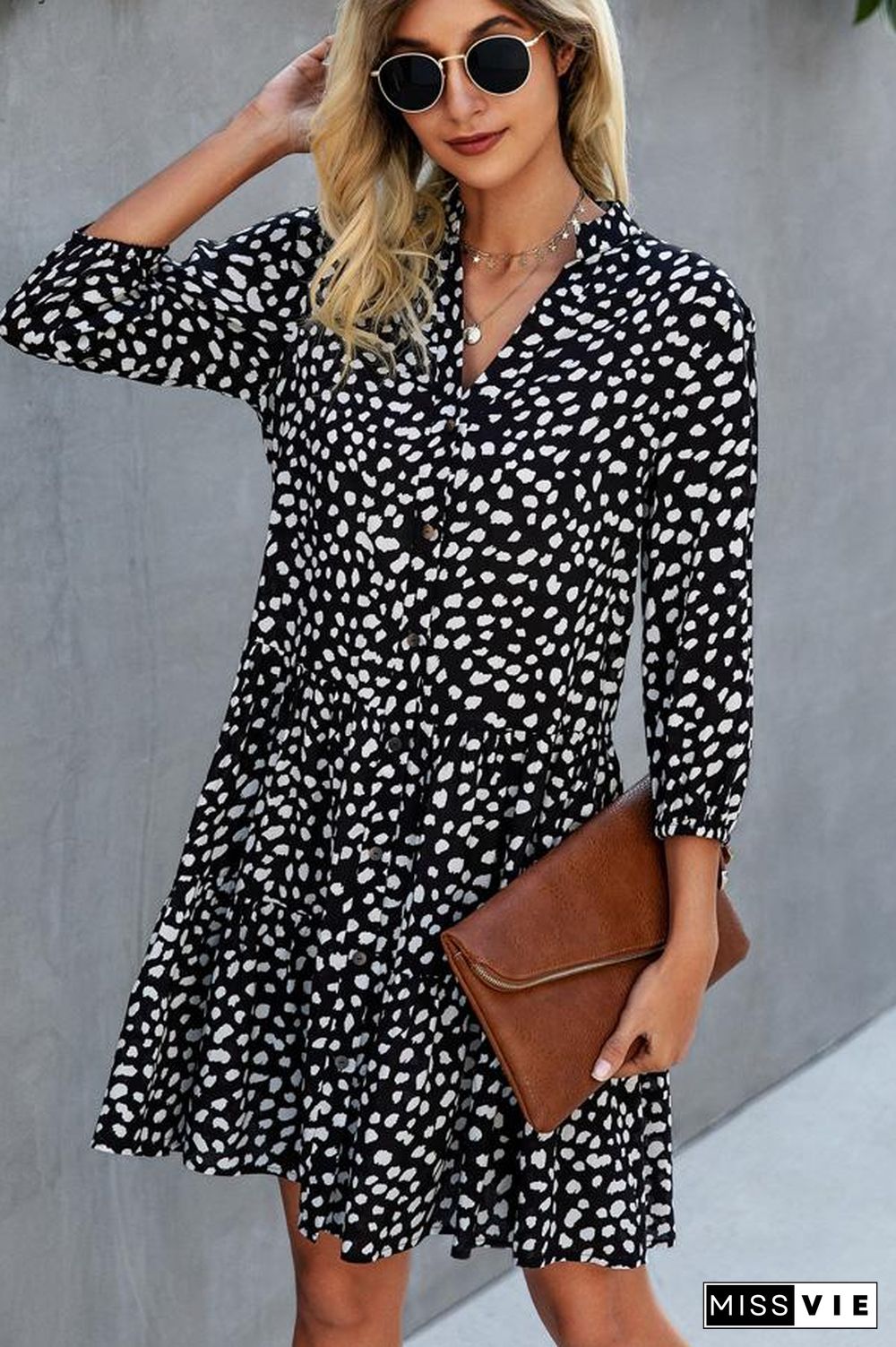 V Neck Dots Print Ruffled Mini Dress