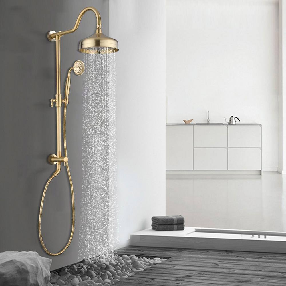 PROOX 2-Spray Round Antique Wall Bar Shower Kit with Hand Shower in Brushed Gold PRH1107-BG