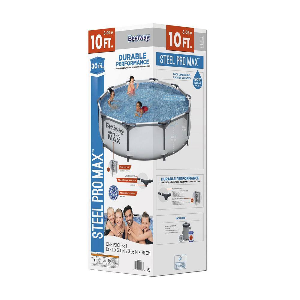 Bestway 10 ft. Round 30 in. D Steel Pro Hard Side Frame Above Ground Family Swimming Pool Set 56407E-BW