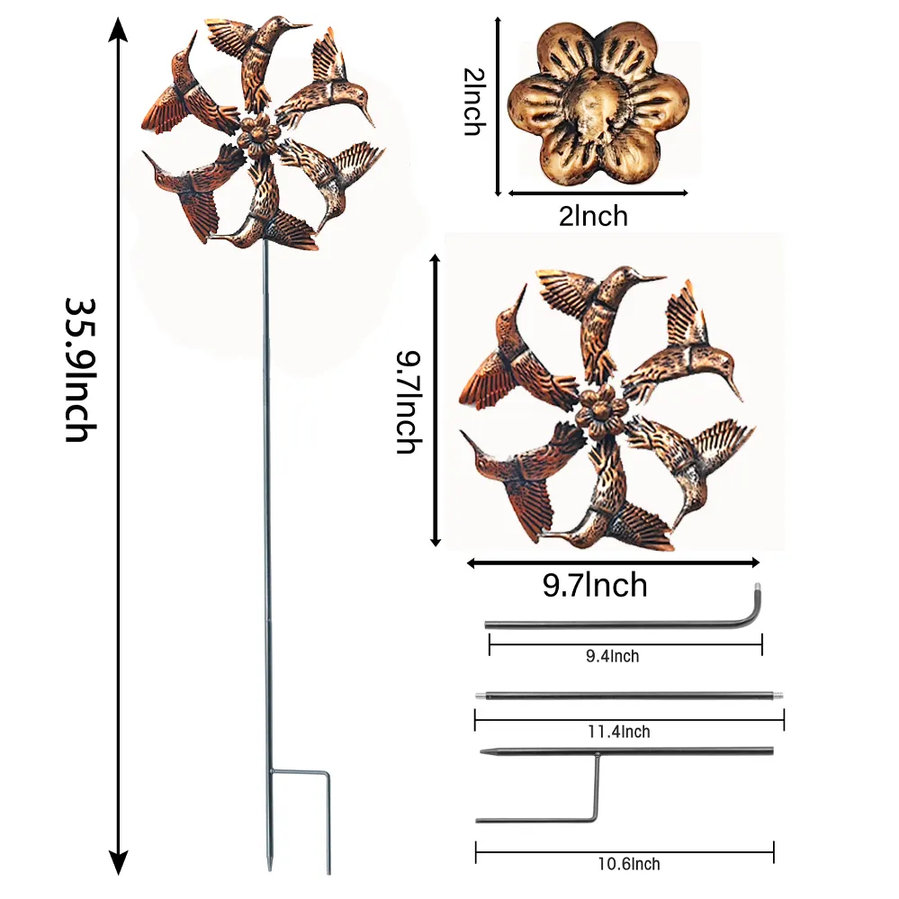 Hummingbird Kinetic Art Windmill Brown Waterproof Outdoor Metal Wind Sculpture Yard Lawn Decor Outside Metal Wind Spinner Stakes