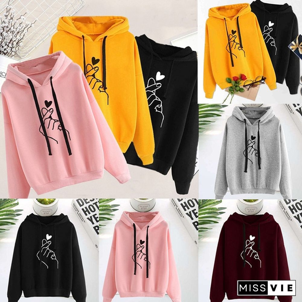 Women Hooded Sweater Casaul Printed Heart Long Sleeve Solid Color Hooded Finger Heart Hoodie Pullover Tops Hoodies Coat