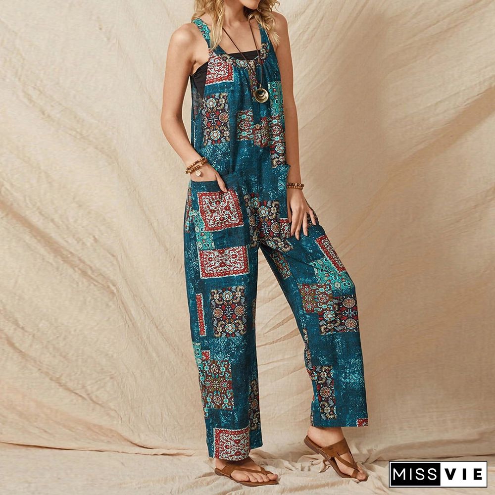 Women's Loose Print Suspenders Retro Casual Cotton Linen Jumpsuit